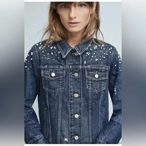 Anthropologie Pilcro Pearled Denim Trucker Jacket Size Medium - Picture 1 of 6
